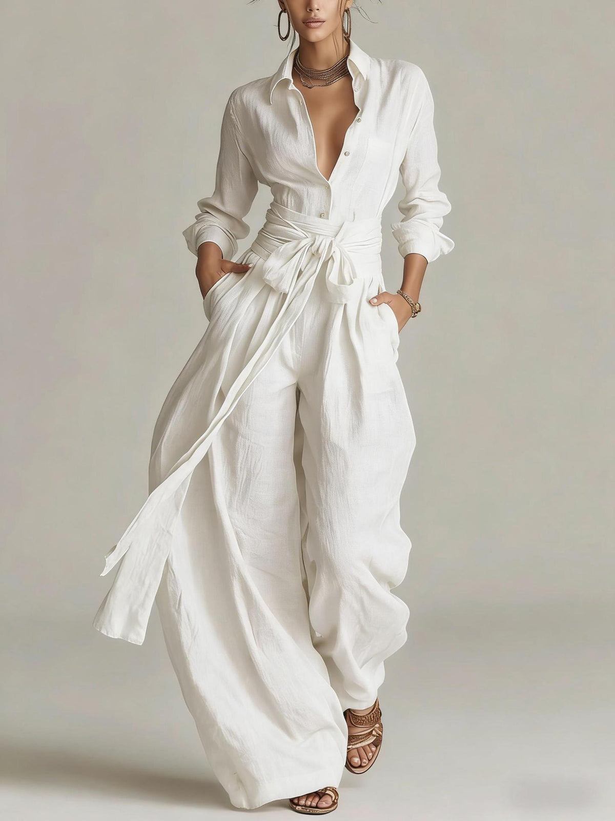 Tie Waist Wide Leg Jumpsuit Long Sleeve Solid Chic
