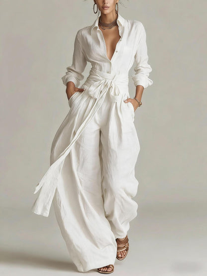Tie Waist Wide Leg Jumpsuit Long Sleeve Solid Chic