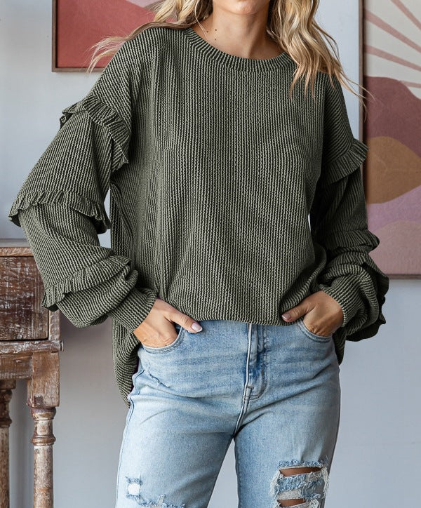 Lantern Sleeve Lace Round Neck Top