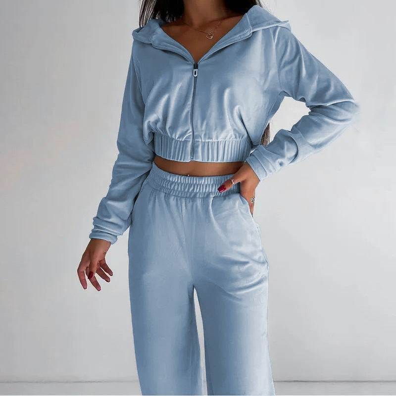Women's Velour Zip Hoodie Wide Leg Pants Two Piece Set