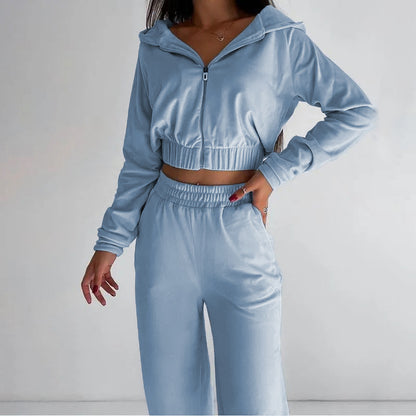 Women's Velour Zip Hoodie Wide Leg Pants Two Piece Set