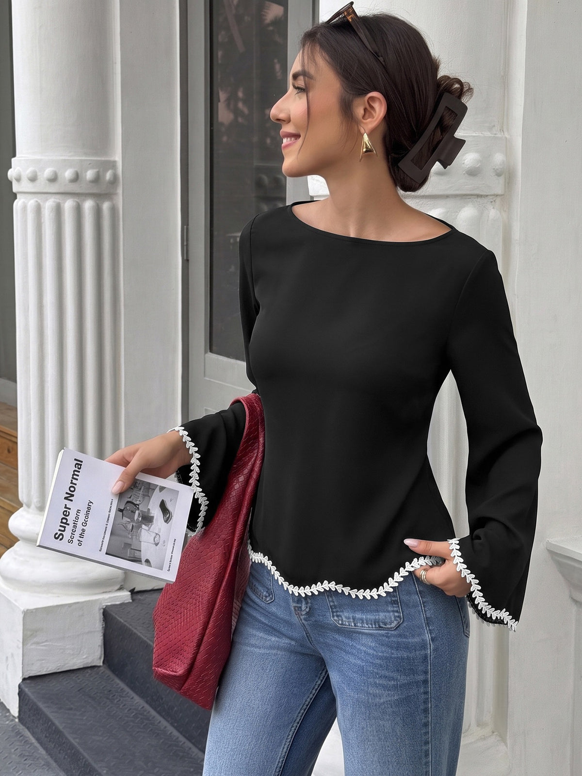 Contrast Lace Trim Boat Neck Flare Sleeve Top