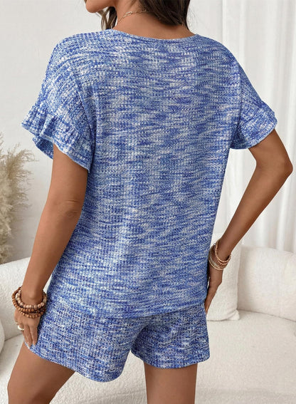 Textured Knit Lounge Set Ruffle Sleeve Drawstring