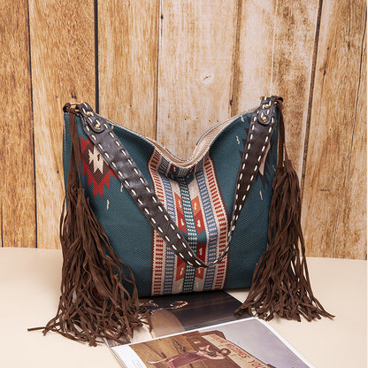 Boho Woven Canvas Tassel Shoulder Bag for Women