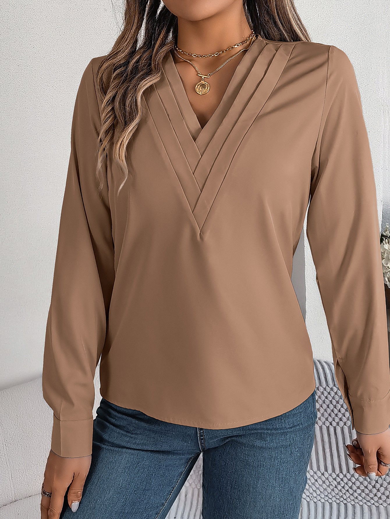 Elegant Layered V-Neck Long Sleeve Blouse – 2025 Fall/Winter