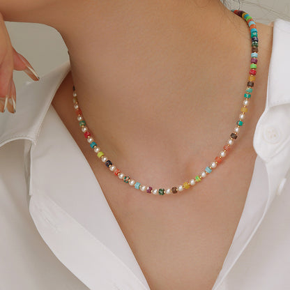 Dopamine Rainbow Beaded Pearl Necklace Colorful Layered Jewelry