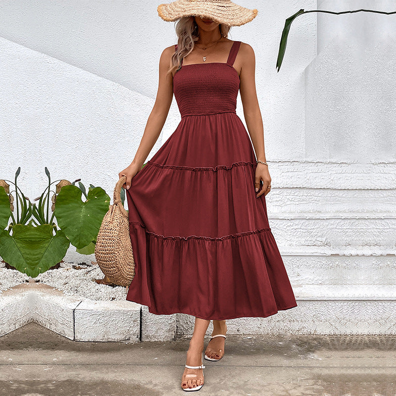 Women's Square Neck Smocked Tiered Midi Summer Dress