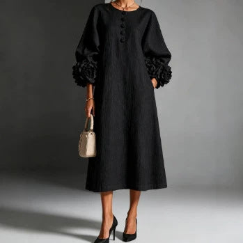 Women's Linen Midi Dress 3D Floral Cuff Button Front