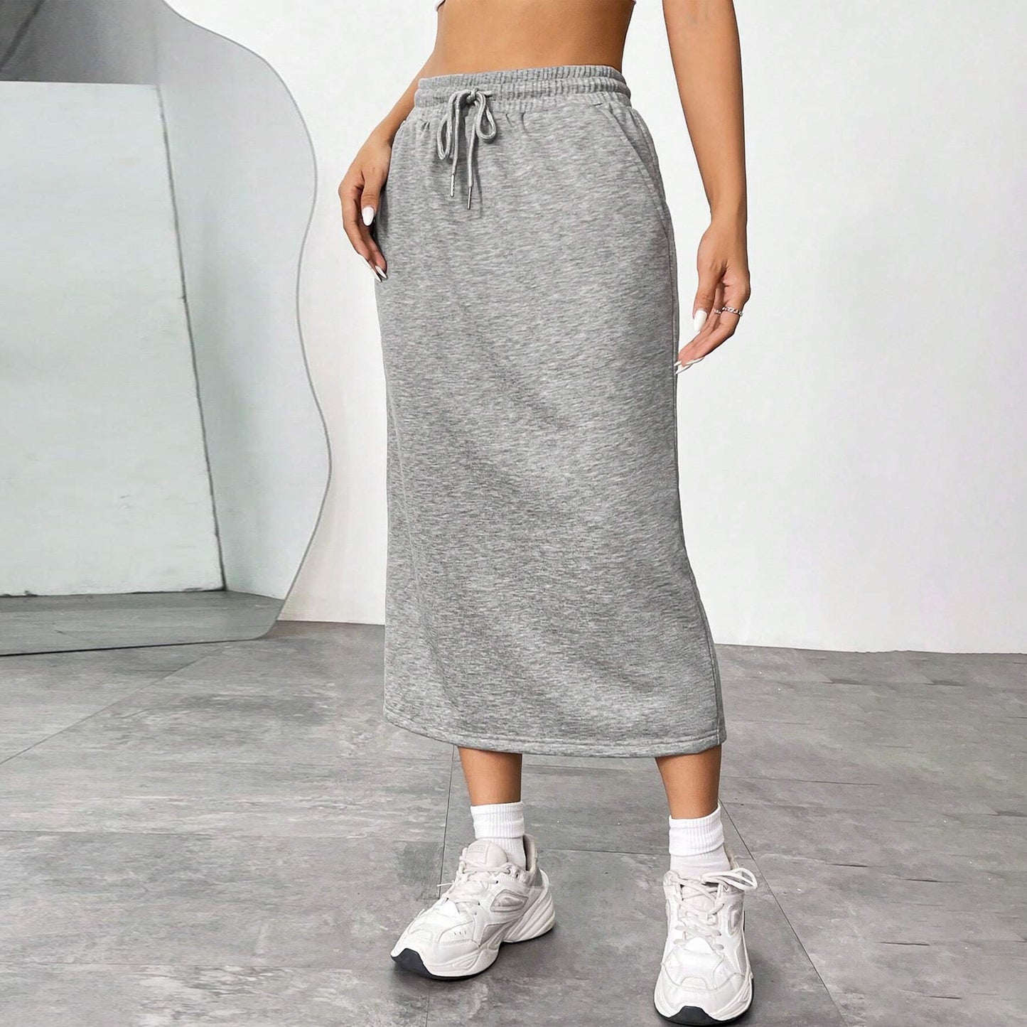 Solid Midi Skirt Drawstring Waist Pocket Slit Casual