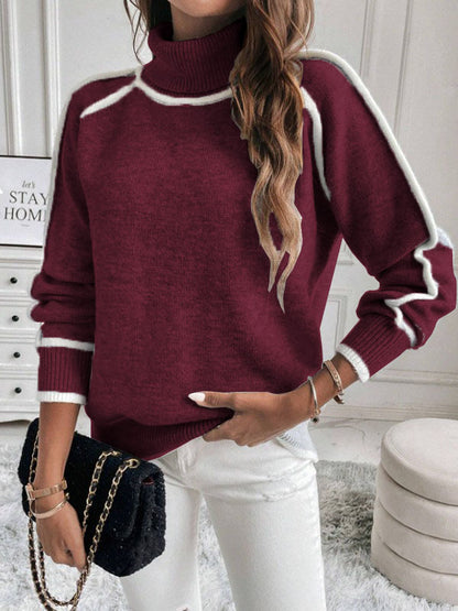 Oversized Contrast Trim Turtleneck Sweater Raglan Sleeve