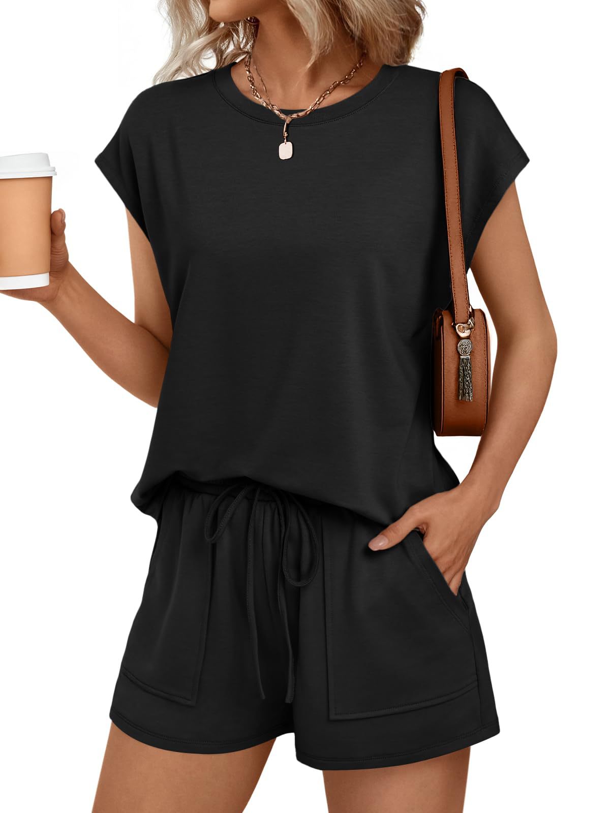 Solid Knit Shorts Set Crew Neck Pocket Lounge Outfit