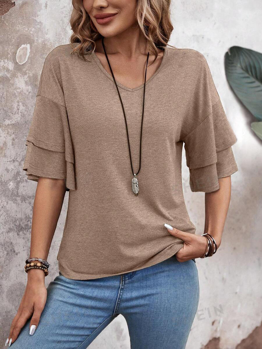 Customizable  Women's V-Neck Flutter Sleeve Top – Casual Summer T-Shirt