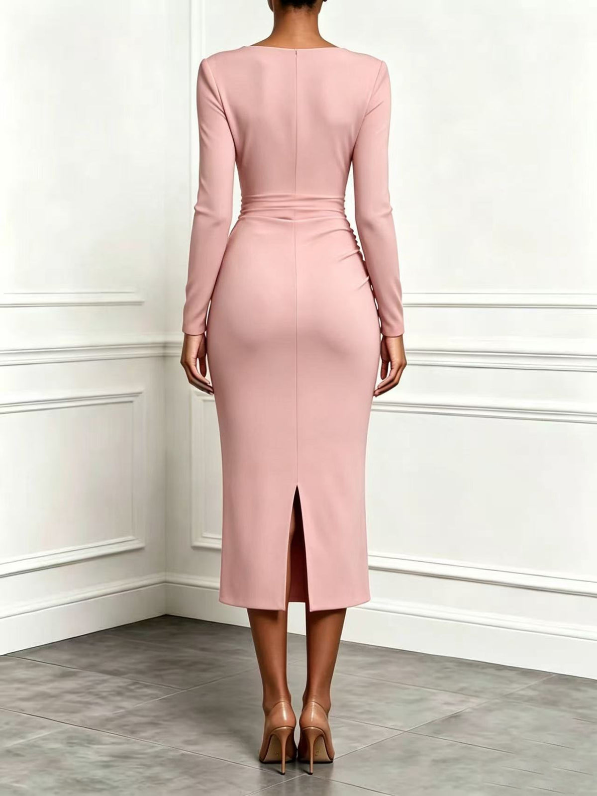 Women's V-Neck Long Sleeve Ruffle Cocktail Midi Dress