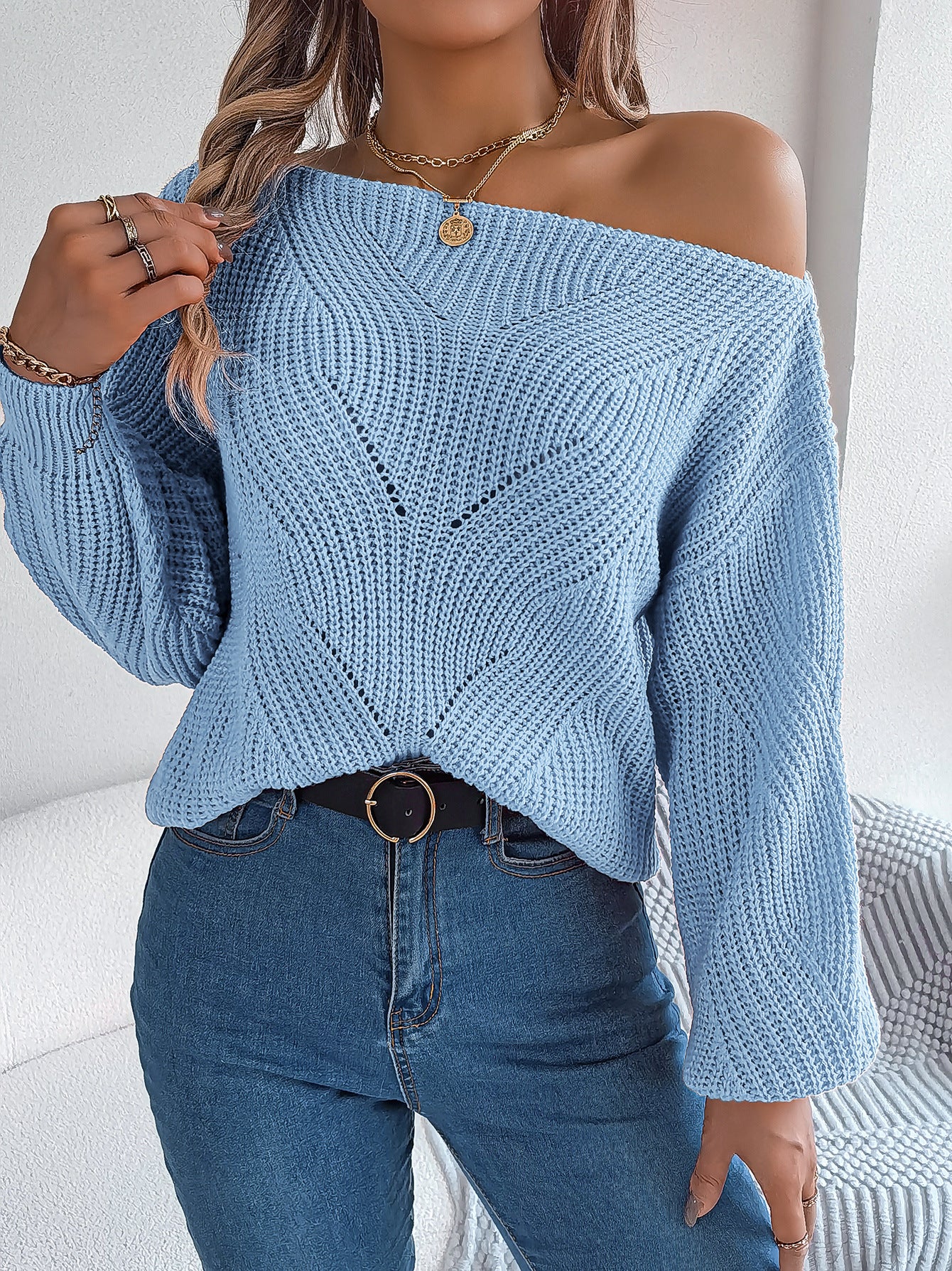 Women's Casual Hollow One-word Neck Off-the-shoulder Lantern Sleeve Sweater