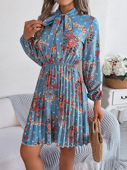 Floral Tie Neck Long Sleeve Pleated Midi Dress