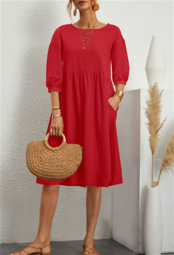 Cotton Linen Balloon Sleeve Midi Dress Pockets