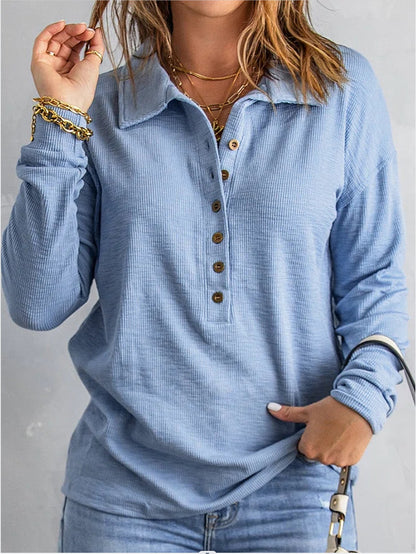 Women's Ribbed Knit Collared Button Front Long Sleeve Top