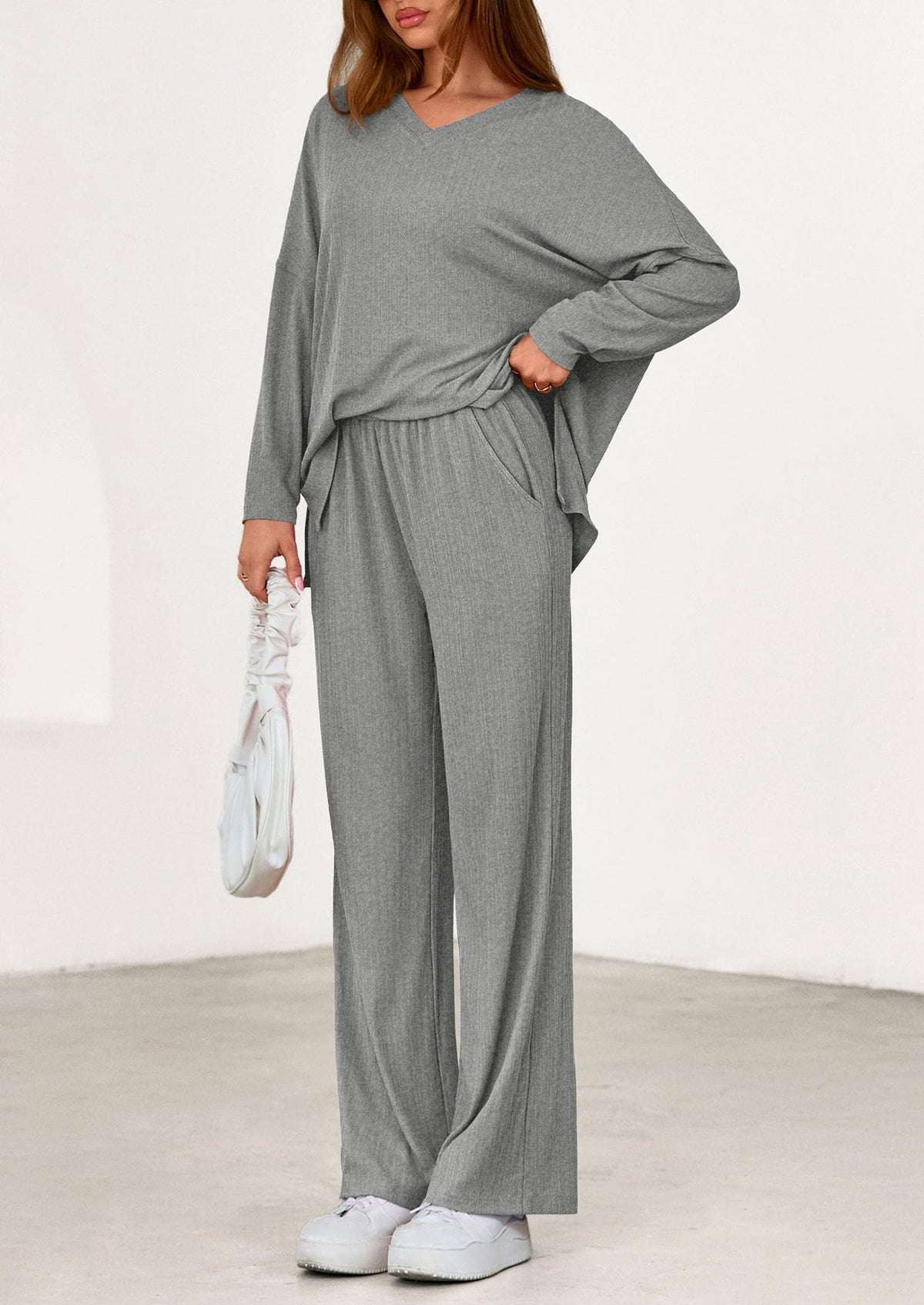 Women's Two Piece Ribbed Lounge Set Wide Leg Pants