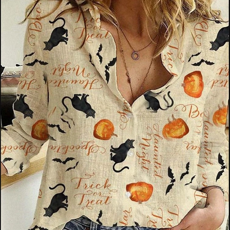 Women's Halloween Pumpkin Cat Button Up Blouse