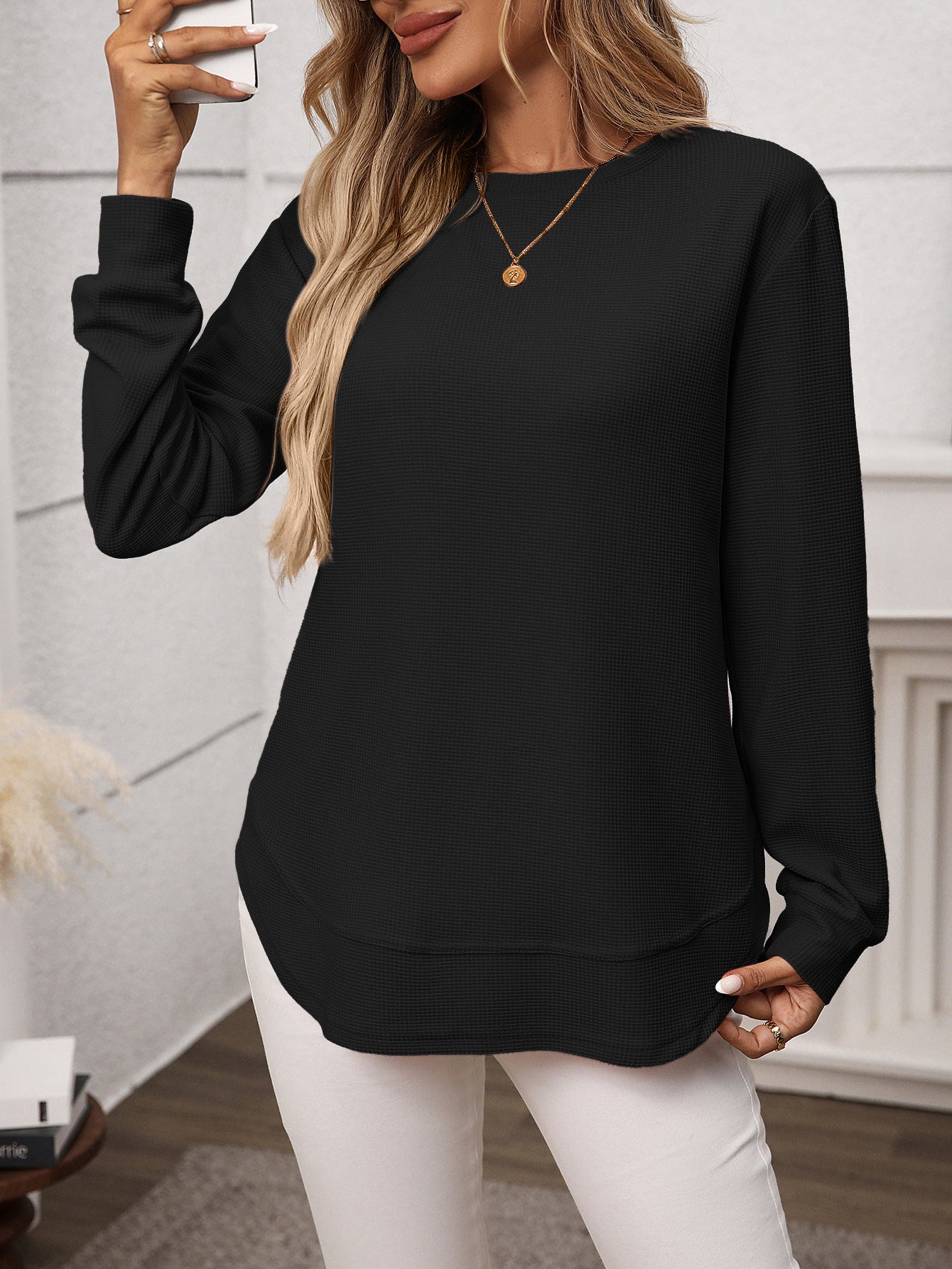 Solid waffle knit tunic top layered curved hem
