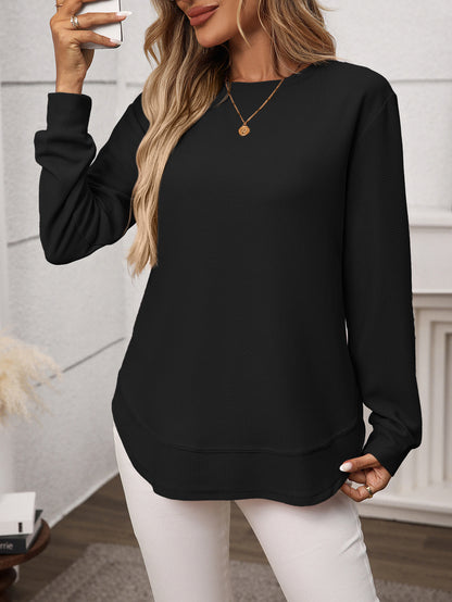 Solid waffle knit tunic top layered curved hem