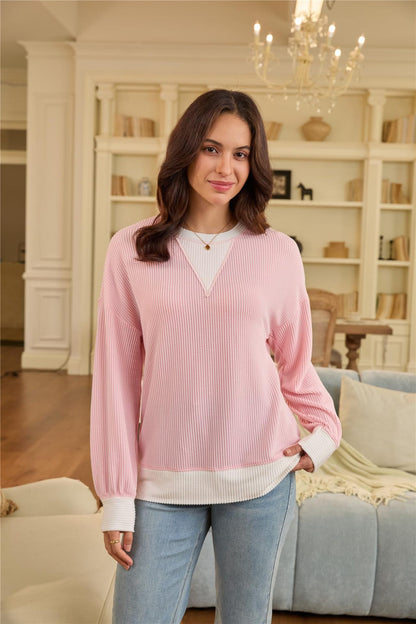 Colorblock Ribbed Sweatshirt Women Casual V Neck Pullover