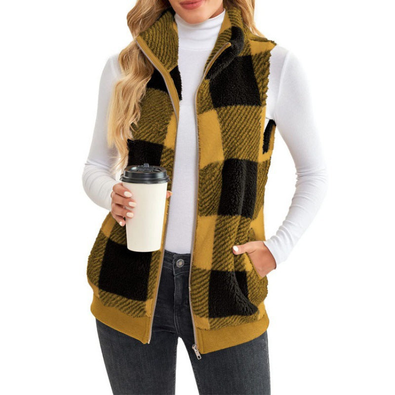 Womens Buffalo Plaid Sherpa Vest Zip Up Fleece Stand Collar
