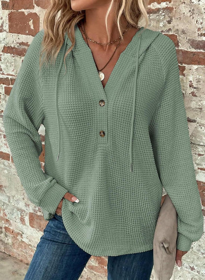 Women's Oversized Waffle Knit Hoodie V Neck Button Pullover