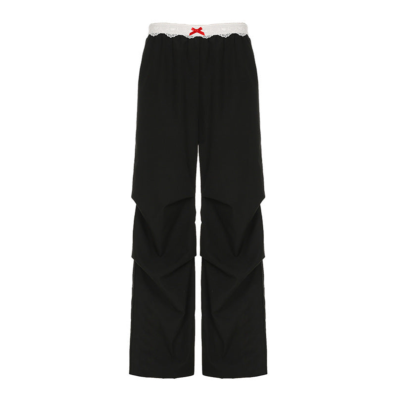 Lace Trim High Waist Baggy Cargo Pants Wide Leg