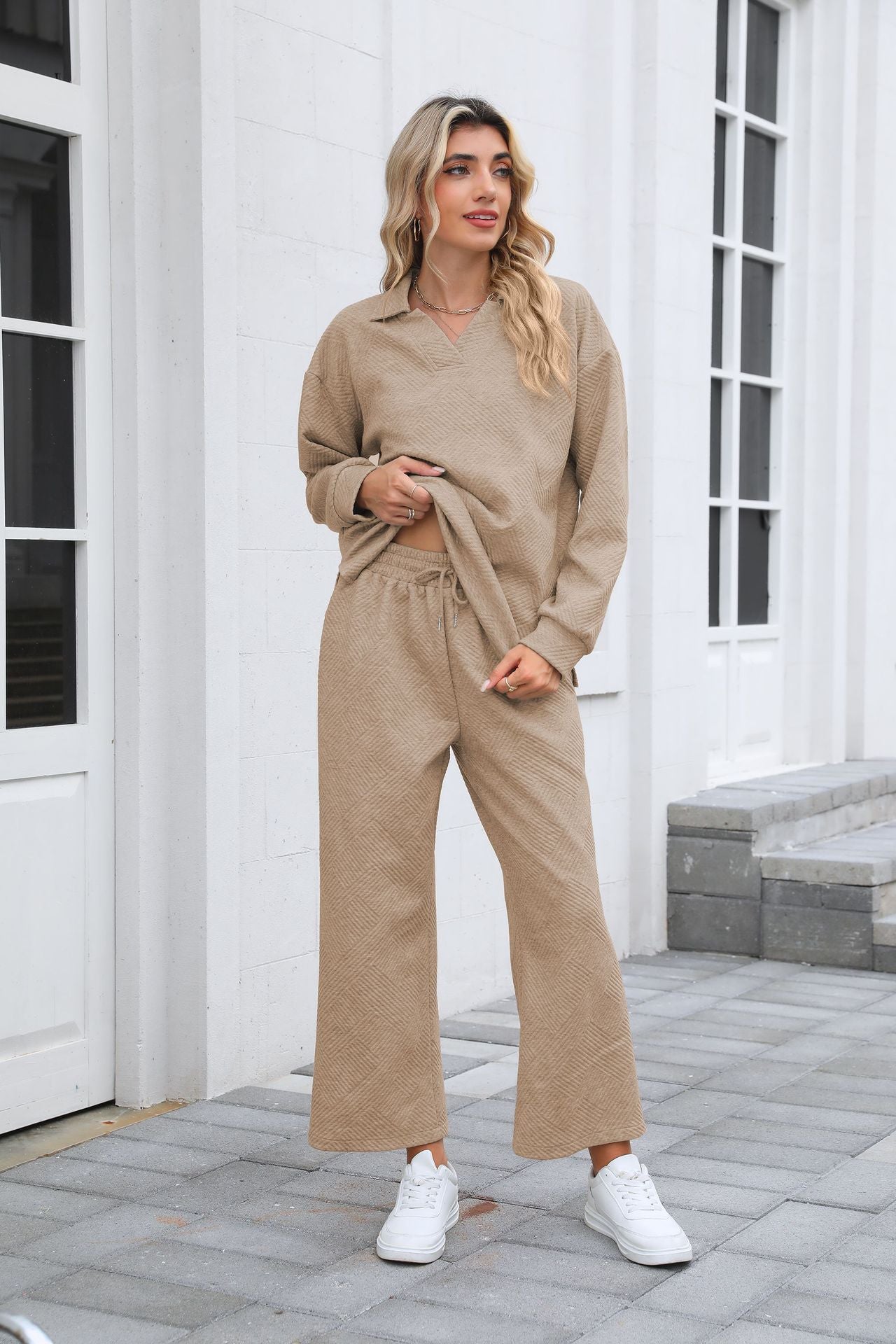 Women's Lounge Set Long Sleeve Collar Top Wide Leg Pants