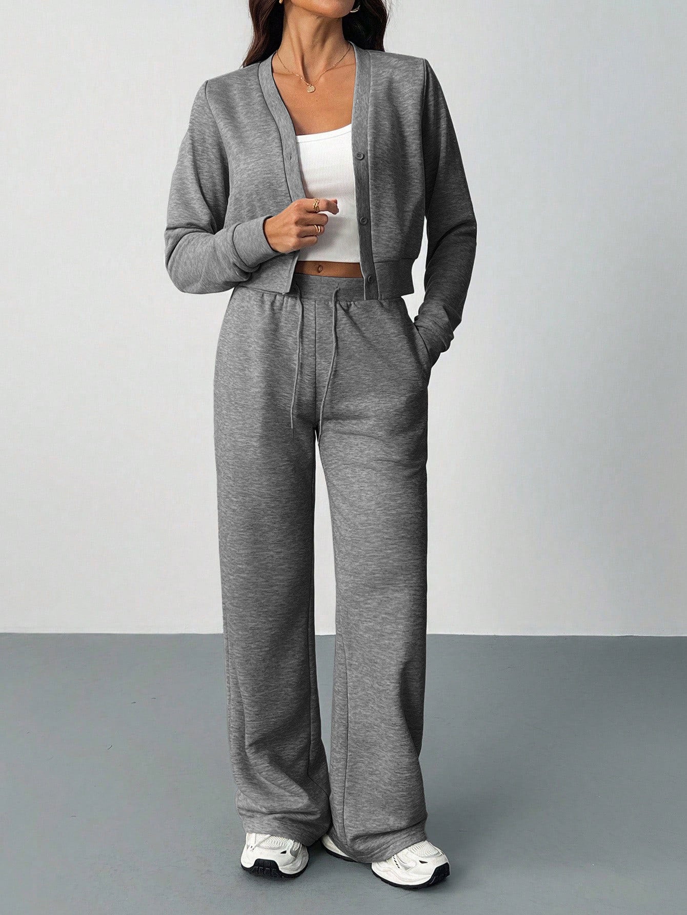 Womens Matching Set Crop Cardigan Wide Leg Sweatpants