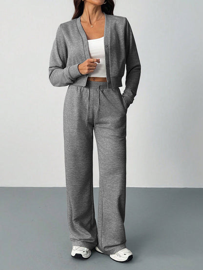 Womens Matching Set Crop Cardigan Wide Leg Sweatpants