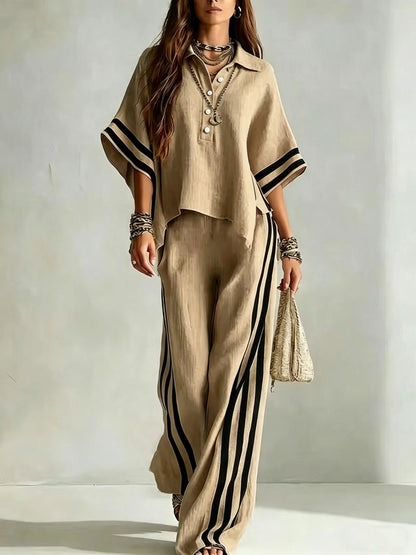 Women's Striped Oversized Shirt Wide Leg Pants 2 Piece Set