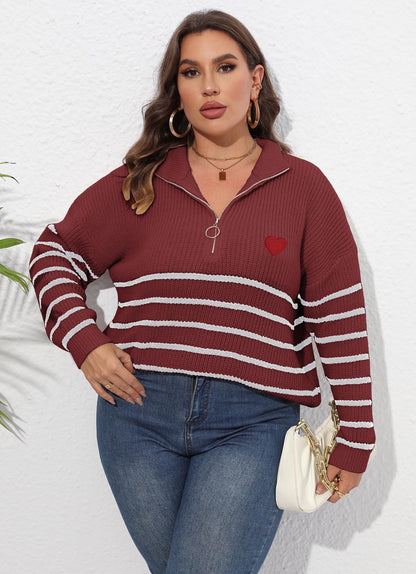 Women's Striped Splicing Love Zipper Pullover Sweater