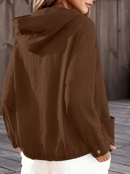 Women's Hooded Jacket Button Front Pockets Drawstring