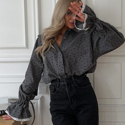 Oversized Polka Dot Lace Cuff Button Up Blouse