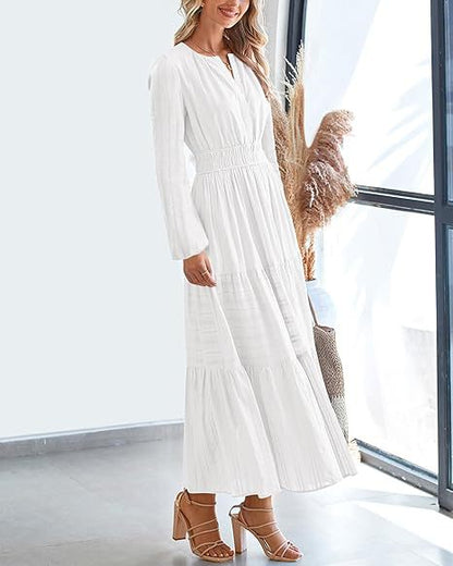 Women's V-Neck Long Sleeve Tiered Maxi Smocked Cotton Dress