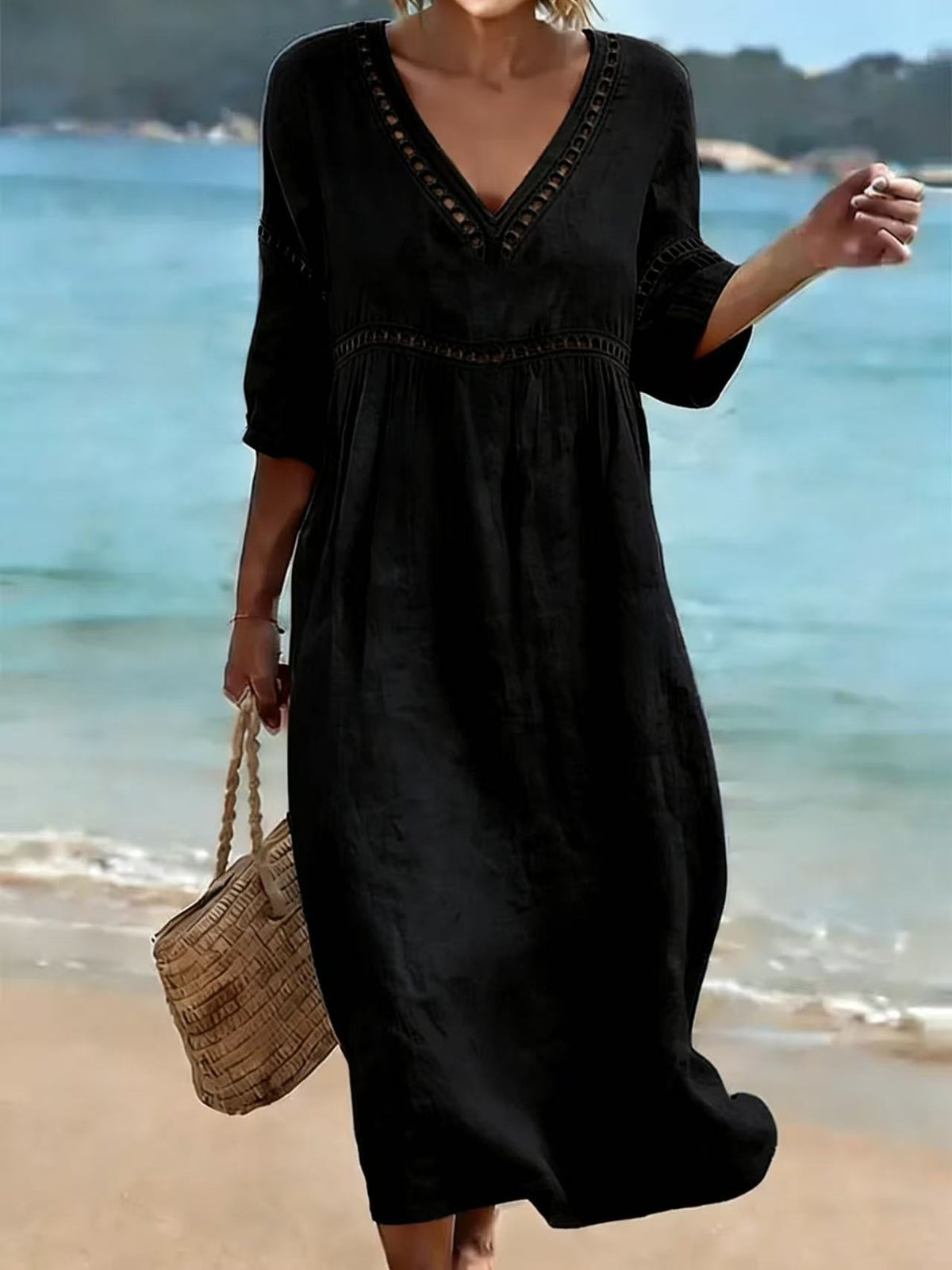 Women's V-Neck Eyelet Midi Dress Flowy 3/4 Sleeve
