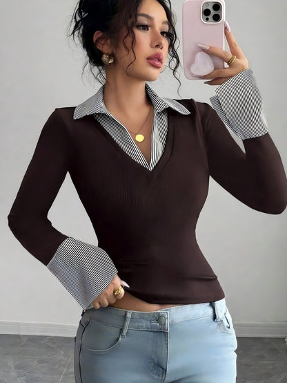 Faux Layered Collared Knit Top V Neck Long Sleeve Tee