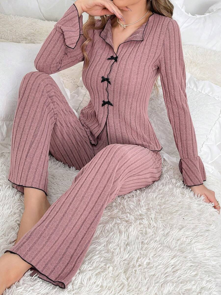 Women's Ribbed Bow Pajama Set Collared Loungewear