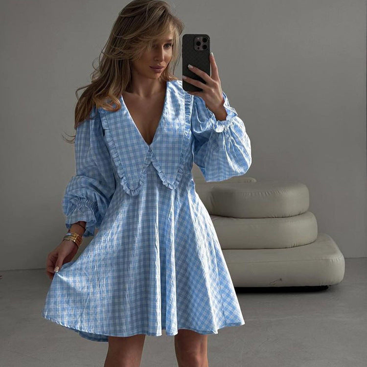 Pink Plaid Long Sleeve Ruffle Collar Mini A-Line Dress