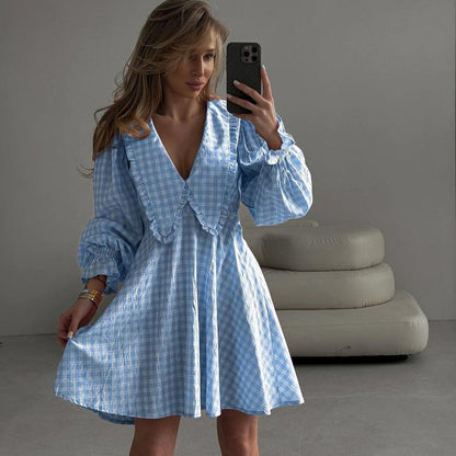 Pink Plaid Long Sleeve Ruffle Collar Mini A-Line Dress