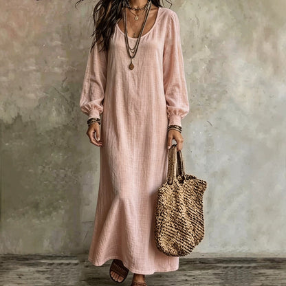 Women's Boho Long Sleeve U-Neck Maxi Dress Loose Solid