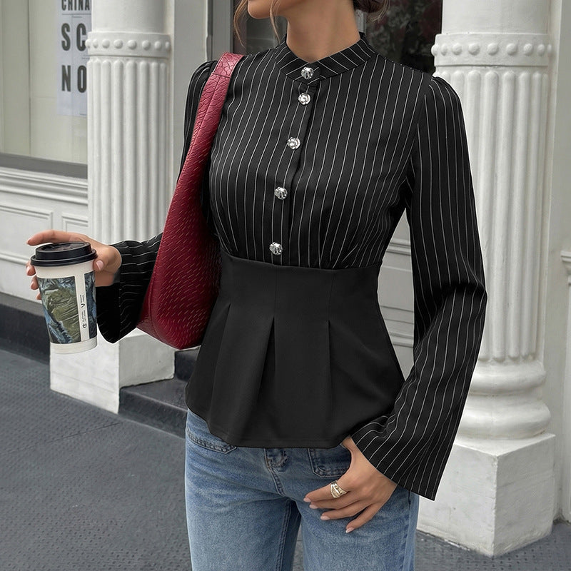 Striped Button Peplum Shirt Slim Fit Long Sleeve Blouse