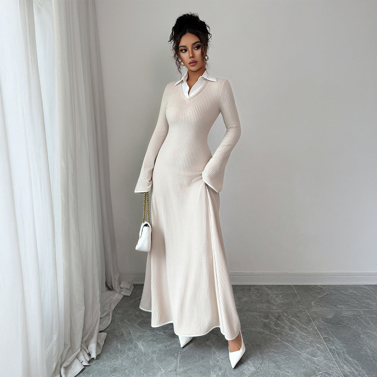 Ribbed Long Sleeve Collared Maxi Dress