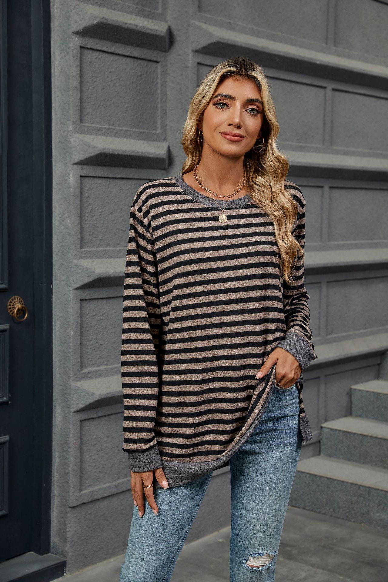 Women's Striped Color Block Oversized Long Sleeve Tunic Top