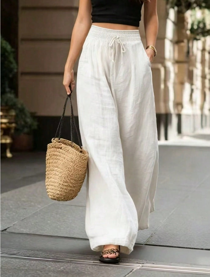 Women's Smocked High Waist Linen Blend Wide Leg Pants