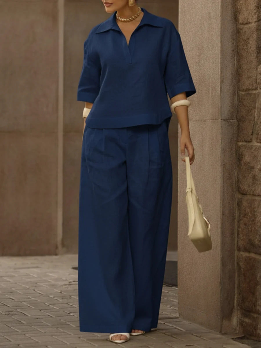 Women's Linen 2 Piece Set Wide Leg Pants Collared Top