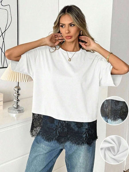 Solid Lace Trim T Shirt Loose Fit Round Neck Top