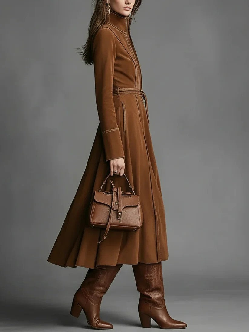 Vintage Faux Suede Long Sleeve Belted Zip Front Maxi Dress